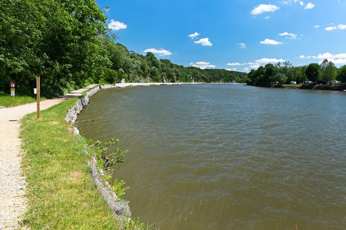 River is on the right, with the C&O Canal Path on the right. Green trees are on the sides of the photo with a blue sky & some clouds.